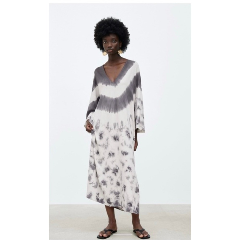 NWT Zara Grey White Tie Dye V-Neck Knit Midi Dress Oversized Small 3433/100